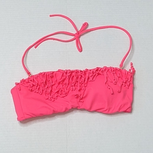 Victoria's Secret Hot Pink Fringe Bandeau Halter Bikini Top Medium - Picture 2 of 7